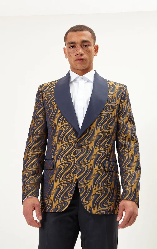 Psychedelic Texture Shawl Lapel Tuxedo Jacket - Navy Gold