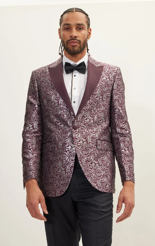 Peak Lapel Metalic Paisley Tuxedo Jacket -  Silver Burgundy