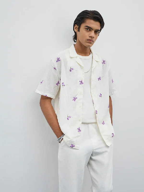 ETA Off-White Floral Design Relaxed-Fit Cotton Shirt