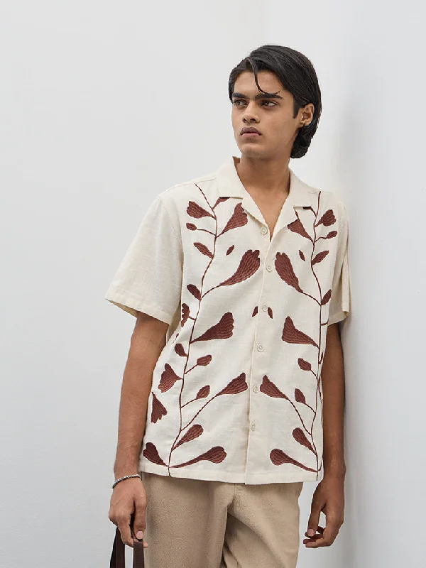 ETA Off-White Floral Embroidered Relaxed Cotton Fit Shirt