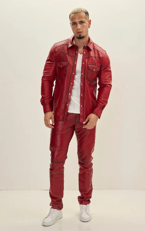 Genuine Lambskin Leather Shirt - Red Tint