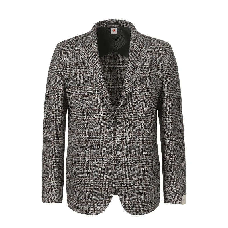 Single-Breasted Houndstooth Virgin Wool, Cotton and Linen-Blend Jacket in Grey