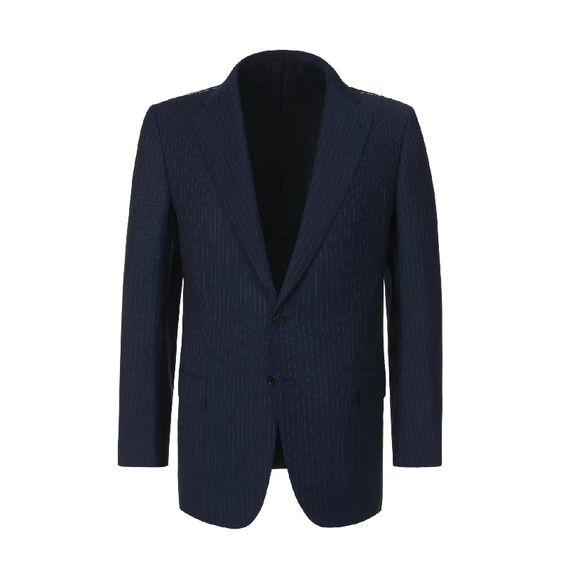 Single-Breasted Striped Wool Suit in Blue