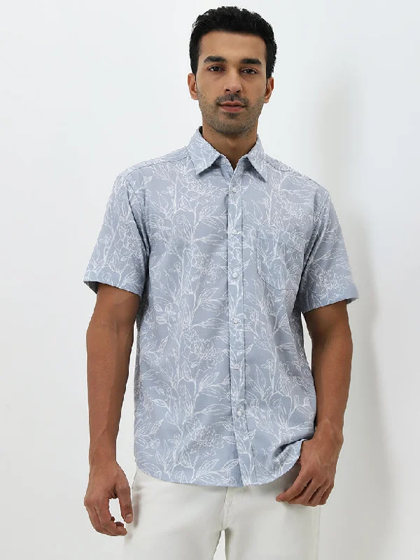 WES Casuals Grey Floral Printed Relaxed-Fit Shirt