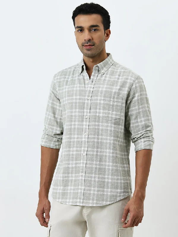 WES Casuals Light Sage Plaid Checks Relaxed-Fit Cotton Shirt