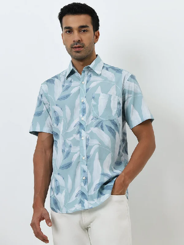 WES Casuals Teal Leaf Printed Relaxed-Fit Shirt