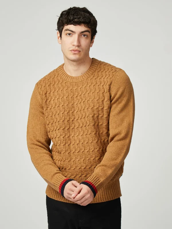 Cable Textured Crew - Light Brown