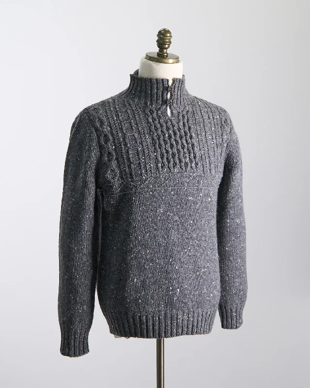 Donegal Maírtín Beag Cableknit Button Mock Sweater