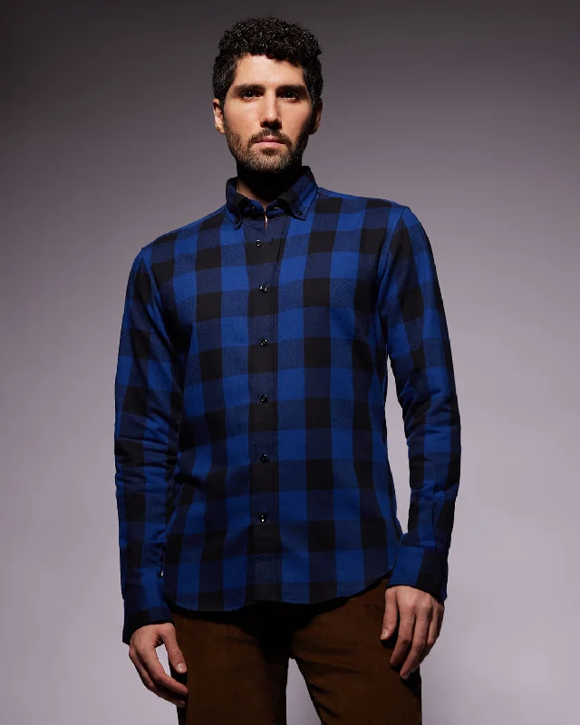 Japanese Brushed Twill Checked Shirt - Navy & Black