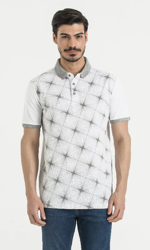 Regular Fit Printed Cotton White - Gray Polo T-Shirt