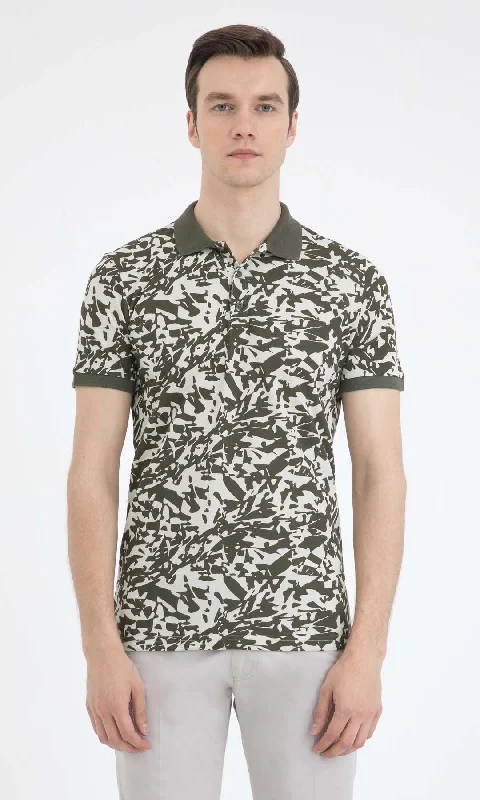 Slim Fit Khaki - Beige Printed Cotton Polo T-Shirt