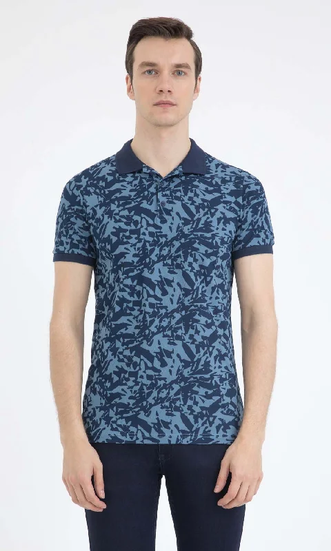 Slim Fit Navy - Indigo Printed Cotton Polo T-Shirt