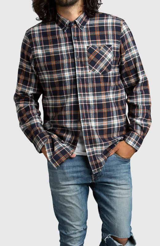 Orange and Navy Plaid Flannel Shirt