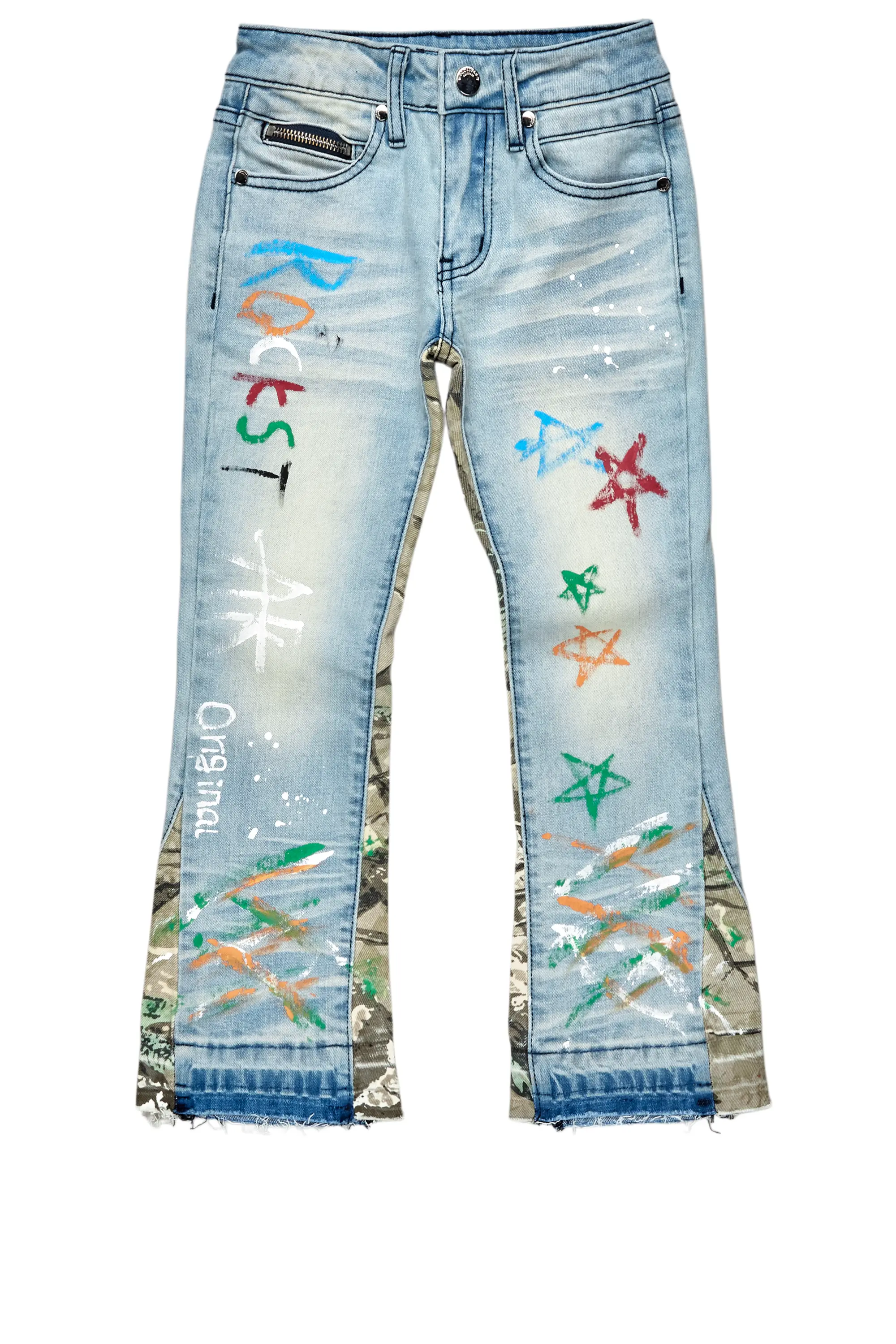 Boys Strass Blue Painted Stacked Flare Jean