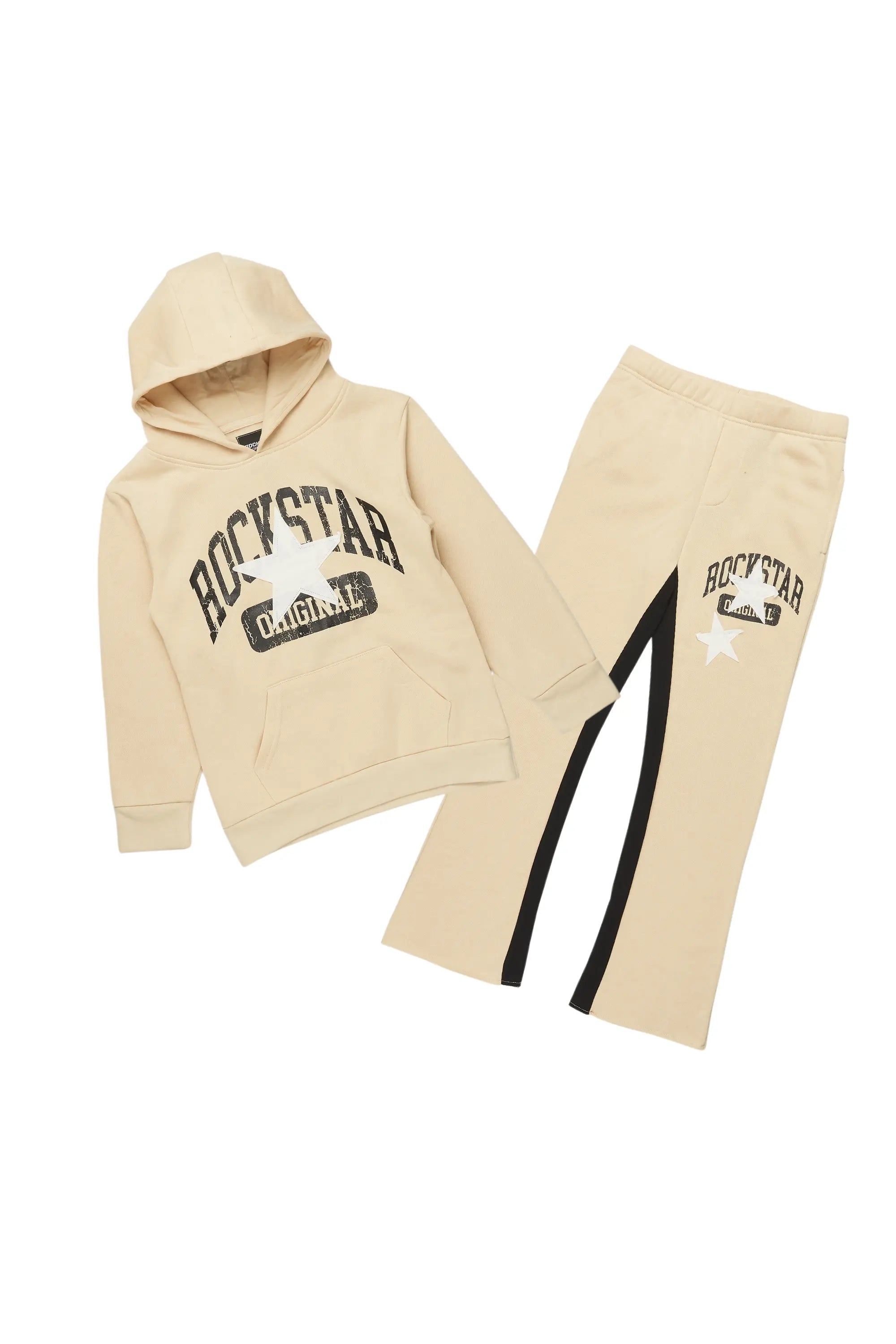 Girls Mallora Beige/White Baggy Stacked Hoodie Track Set