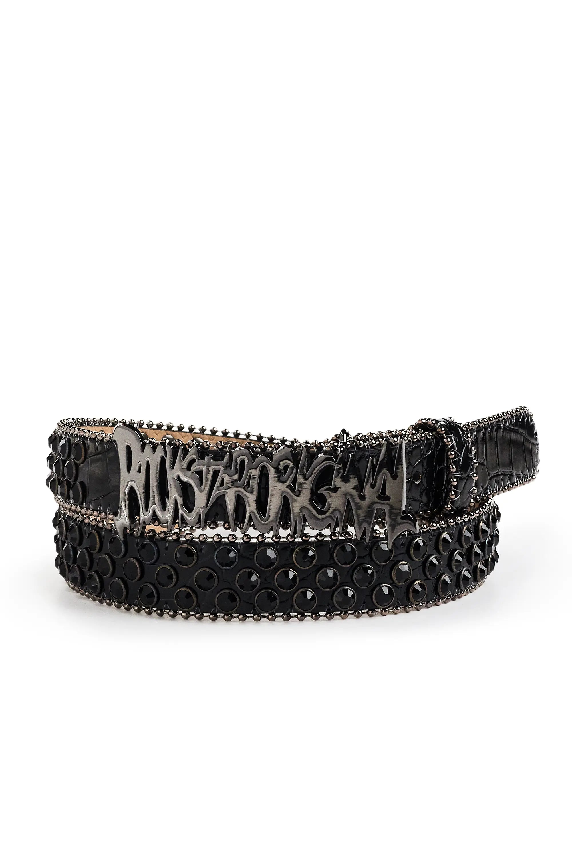 Tedros Rhinestone Black Rockstar Logo Narrow Belt