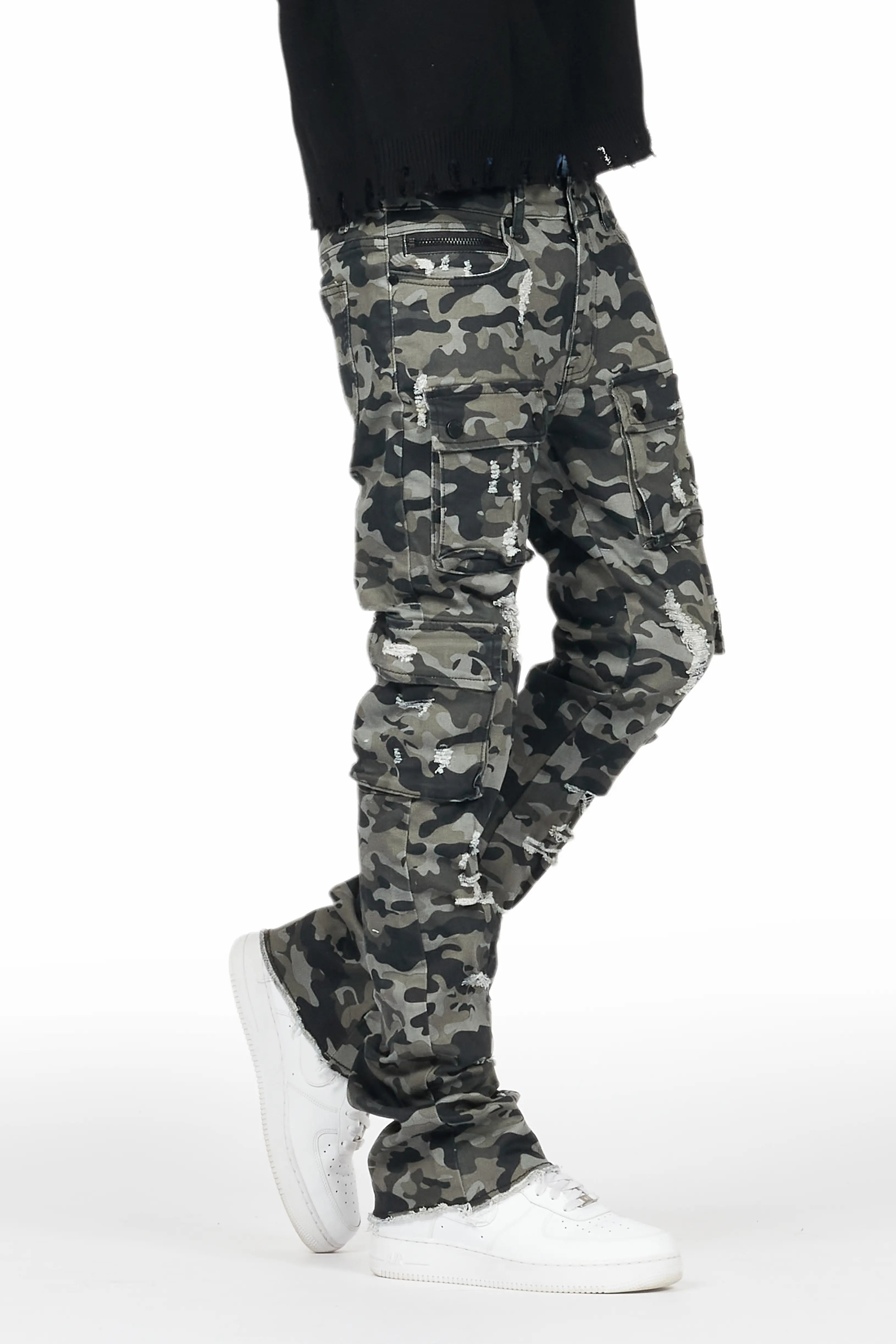 Zaid Grey Camo Stacked Flare Jean