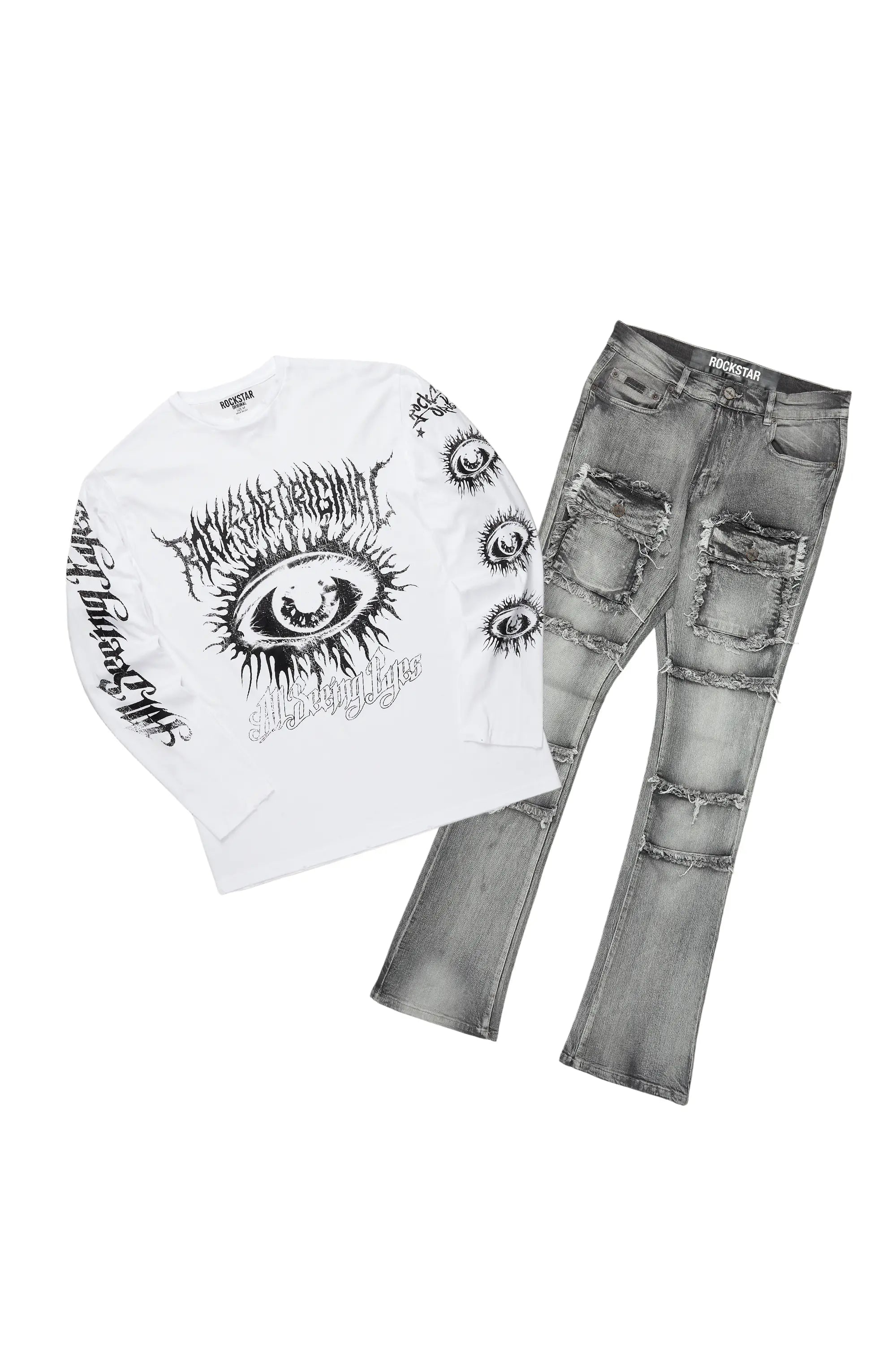 All Seeing Eyes White/Grey Long Sleeve T-Shirt/Stacked Flare Cargo Jean Bundle