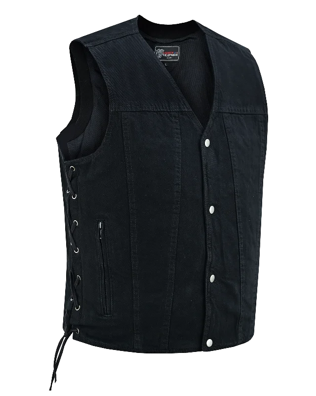 VB939BK Men's Black V-Neck Denim Vest for Motorcycle Riders