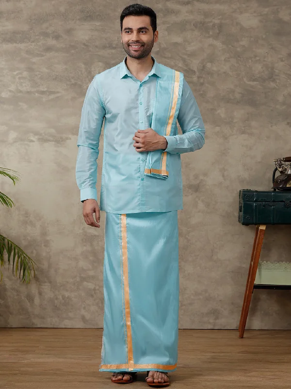 Men Art Silk Blue Shirt & Dhoti Towel Set Swayamvara