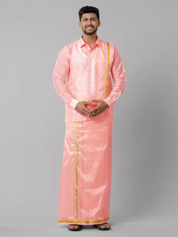 Men Art Silk Pink Shirt Dhoti Towel Set Swayamvara