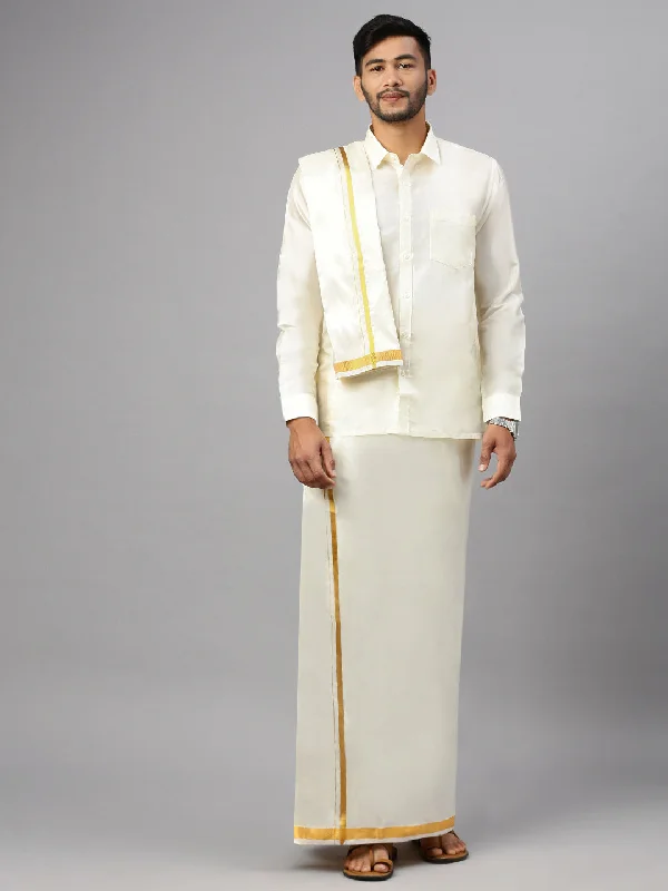 Men Art Silk Cream Full Sleeves Shirt Readymade Double Dhoti & Towel Combo