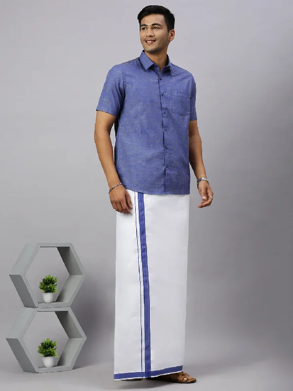 Men Evolution Blue Matching Border Dhoti & Half Sleeves Shirt Set