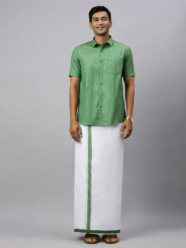 Men Evolution Green Matching Border Dhoti & Half Sleeves Shirt Set