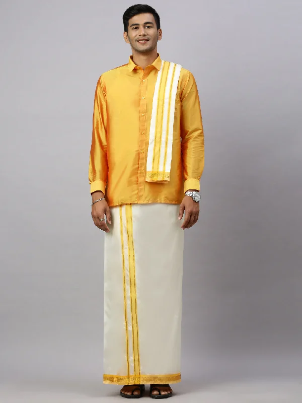 Men Full Sleeves Golden Yellow Shirt with Matching Border Cream Dhoti & Towel Set