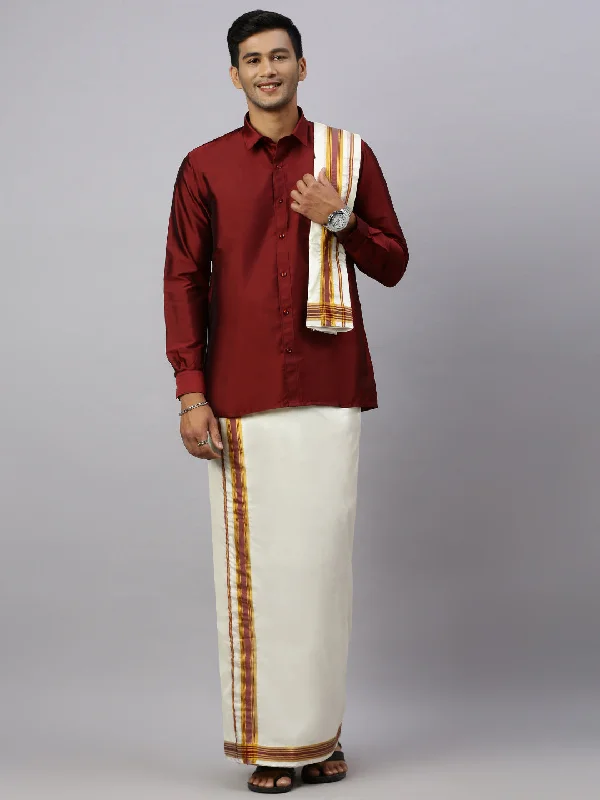 Men Full Sleeves Maroon Shirt with Matching Border Cream Dhoti & Towel Set