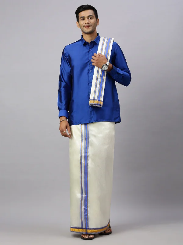 Men Full Sleeves Poster Blue Shirt with Matching Border Cream Dhoti & Towel Set