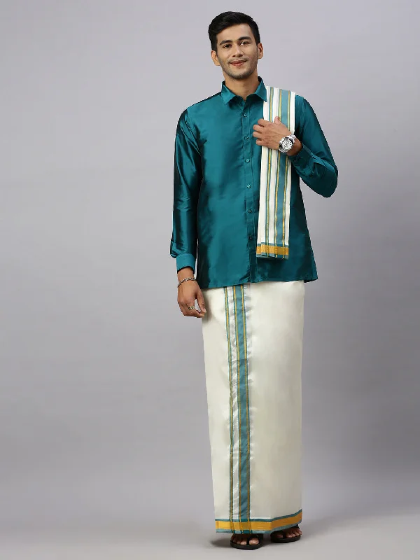 Men Full Sleeves Ramar Green Shirt with Matching Border Cream Dhoti & Towel Set