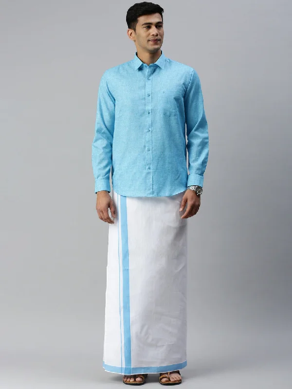 Men Matching Border Adjustable Dhoti & Full Sleeves Shirt Set Blue CC5