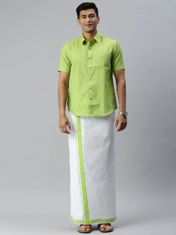 Men Matching Border Adjustable Dhoti & Half Sleeves Shirt Set Green CC4