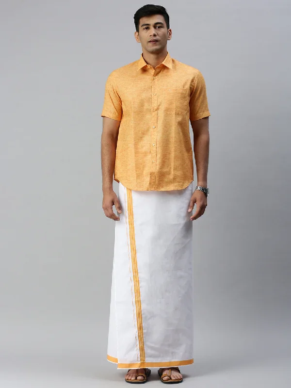 Men Matching Border Adjustable Dhoti & Half Sleeves Shirt Set Orange CC2