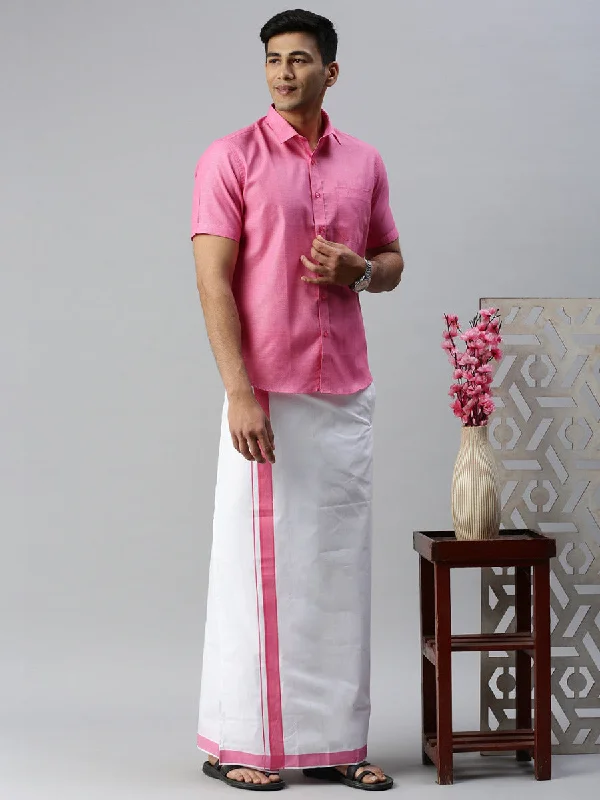 Men Matching Border Adjustable Dhoti & Half Sleeves Shirt Set Pink CC10