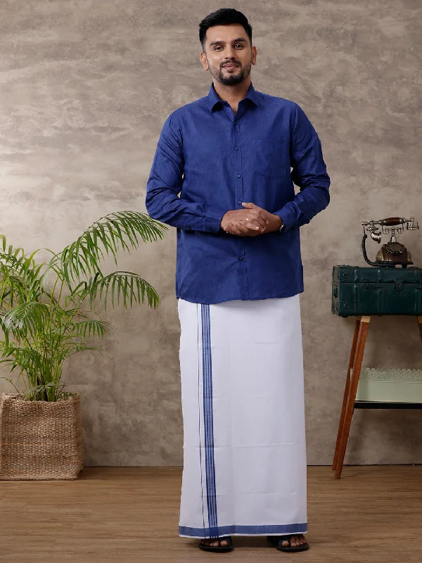 Men Matching Border Dhoti & Shirt Set Full Blue C80