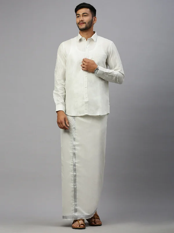 Men Tissue Silver Dhoti & Full Sleeves Shirt Set