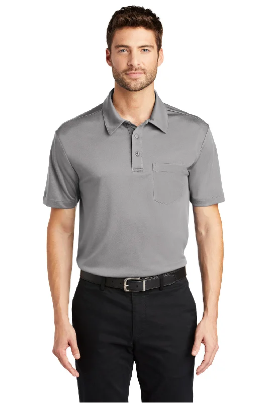 Port Authority Mens Silk Touch Performance Moisture Wicking Short Sleeve Polo Shirt w/ Pocket - Gusty Grey