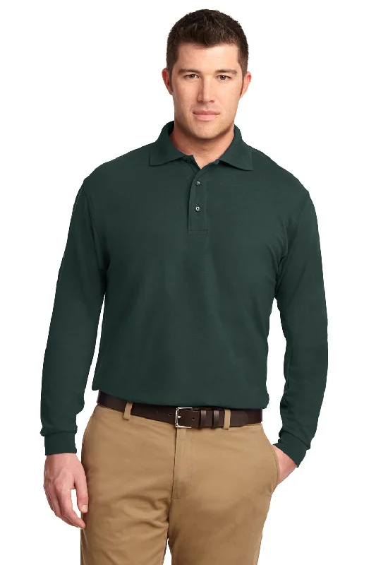 Port Authority Mens Silk Touch Wrinkle Resistant Long Sleeve Polo Shirt - Dark Green