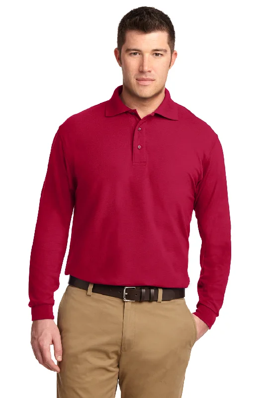 Port Authority Mens Silk Touch Wrinkle Resistant Long Sleeve Polo Shirt - Red