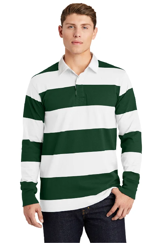 Sport-Tek Mens Classic Rugby Long Sleeve Polo Shirt - Forest Green/White