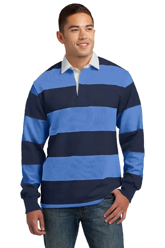 Sport-Tek Mens Classic Rugby Long Sleeve Polo Shirt - True Navy Blue/Carolina Blue - Closeout